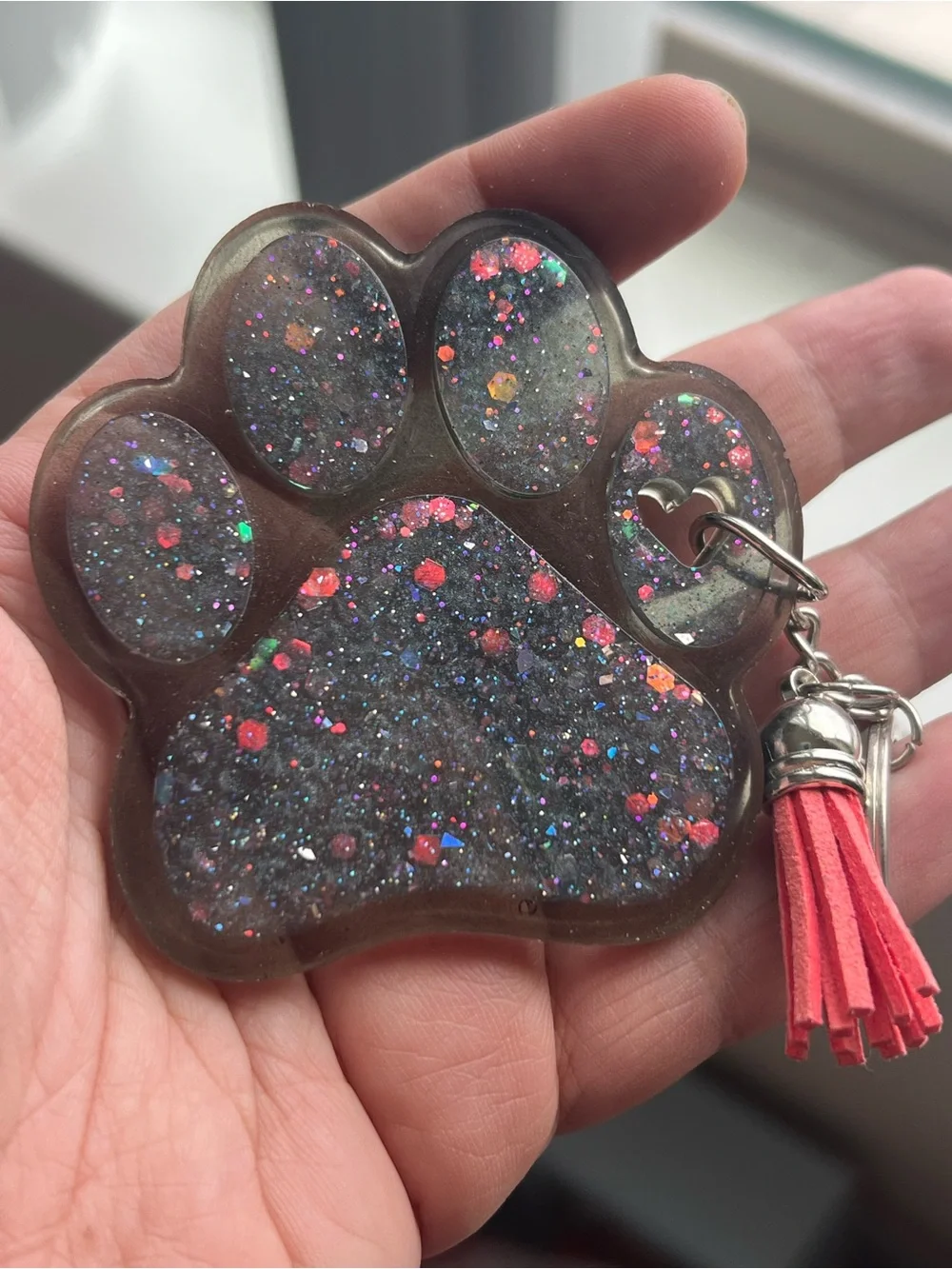 Large Coral and Grey Glitter Paw Keychain Resin - Pink Tassel